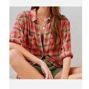 Anthropologie Pilcro Relaxed Plaid Button-down Work Wear Top, Size M